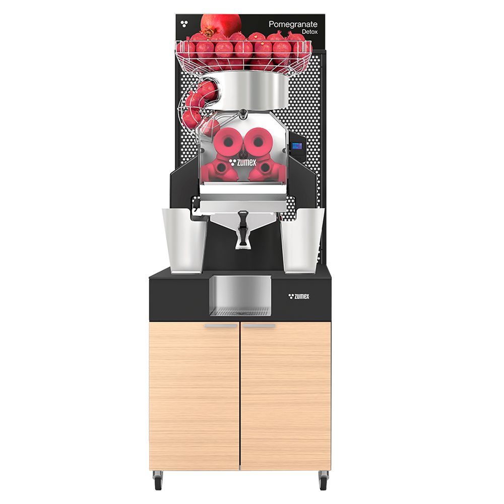 Zumex 11816 Speed Pomegranates Juice Corner Automatic Feed Juicer — 30 Fruits / Minute, with Wide Oiled Oak Podium