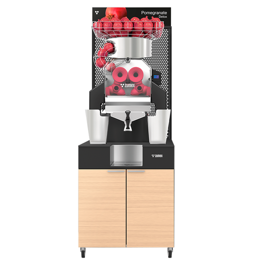 Zumex 11816 Speed Pomegranates Juice Corner Automatic Feed Juicer — 30 Fruits/Minute, with Wide Oiled Oak Podium