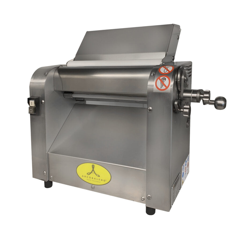 Arcobaleno ASC320 Enza 12 1/2" Countertop Dough Sheeter — with 2 Dough Feed Openings, Stainless Steel Rollers